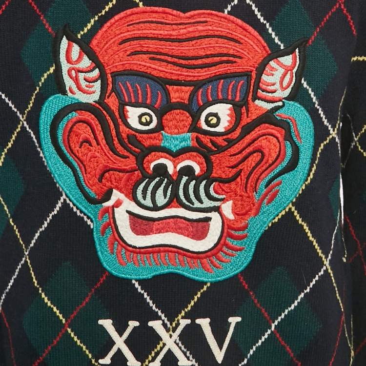 Pre Owned Gucci Blue/Green Applique Argyle Wool Sweater L