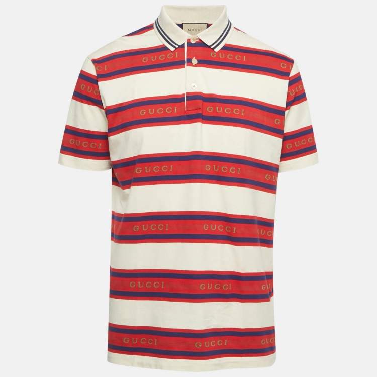 مملوكة مسبقًا Gucci Red & Cream Logo Jacquard Striped Polo T-Shirt L