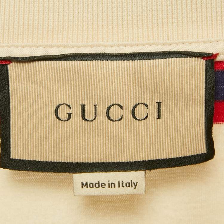 مملوكة مسبقًا Gucci Red & Cream Logo Jacquard Striped Polo T-Shirt L