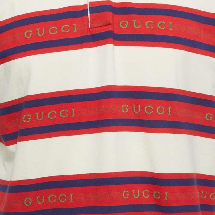 مملوكة مسبقًا Gucci Red & Cream Logo Jacquard Striped Polo T-Shirt L