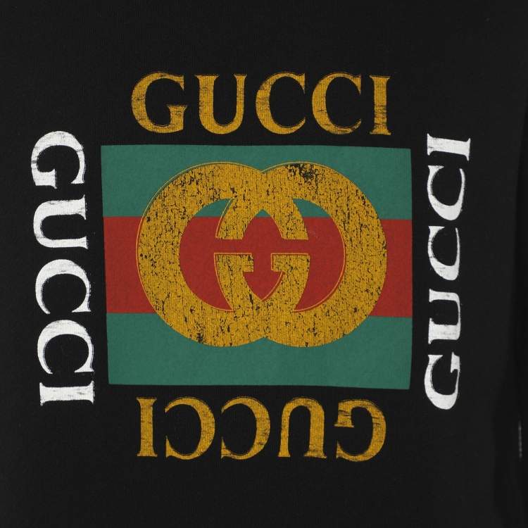 Pre Owned سويت شيرت غوتشي بطباعة شعار فينتاج قطن محبوك أسود، تصميم متآكل مقاس صغير