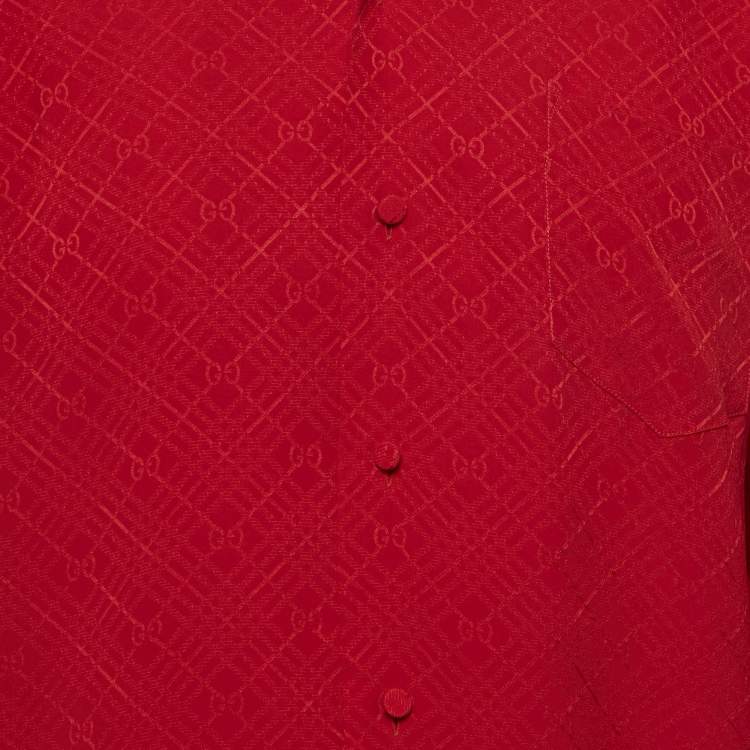 Pre Owned Gucci Red GG Jacquard Silk Pointed Collar Shirt S