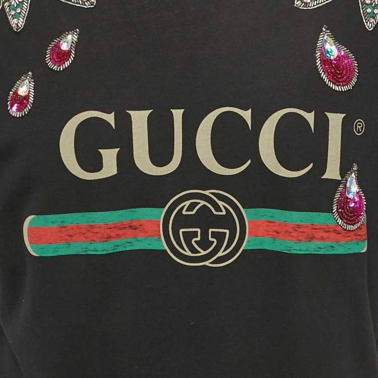 Pre Owned Gucci Black Vintage Print Jersey Sequin Embellished T-Shirt L