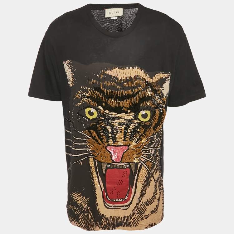 Pre Owned Gucci Black Tiger Print Jersey Embellished T-Shirt M