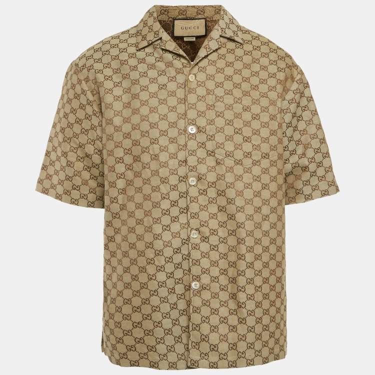 Pre Owned Gucci Brown GG Linen Canvas Shorts Sleeve Shirt M