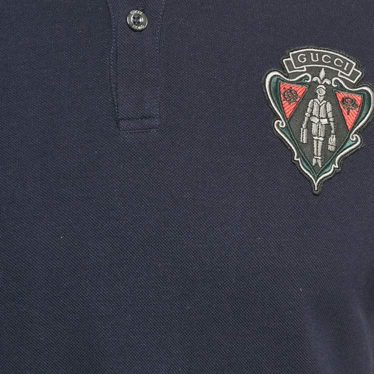 Pre Owned تي شيرت غوتشي قطن أزرق بتفاصيل رقعة بولو مقاس كبير ( لارج )