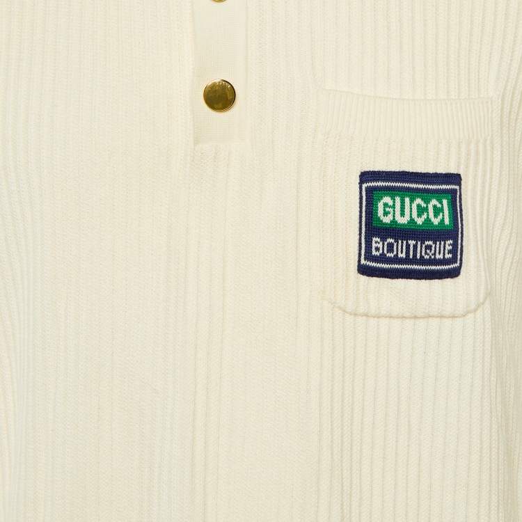 Pre Owned Gucci Cream Cotton Knit Web Striped Polo T-Shirt M