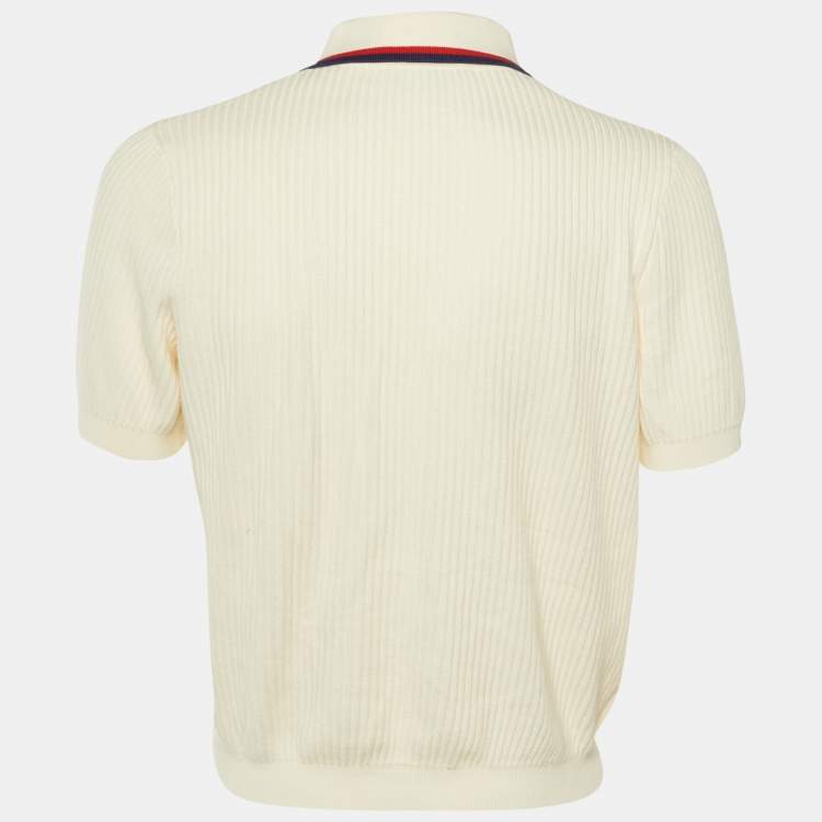 Pre Owned Gucci Cream Cotton Knit Web Striped Polo T-Shirt M