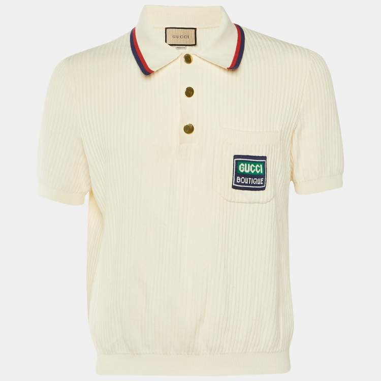 Pre Owned Gucci Cream Cotton Knit Web Striped Polo T-Shirt M