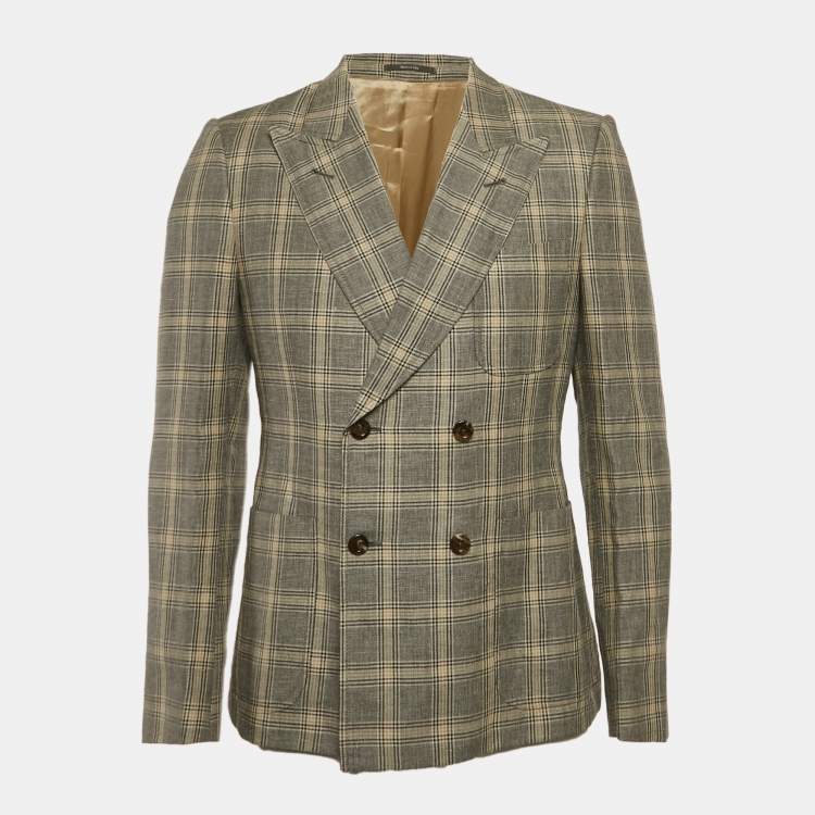 Pre Owned Gucci Grey/Beige Check Pattern Wool Blend Double Breasted Jacket M