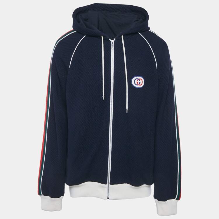 Pre Owned Gucci Blue Web Trim Textured Knit Hooded Jacket XL