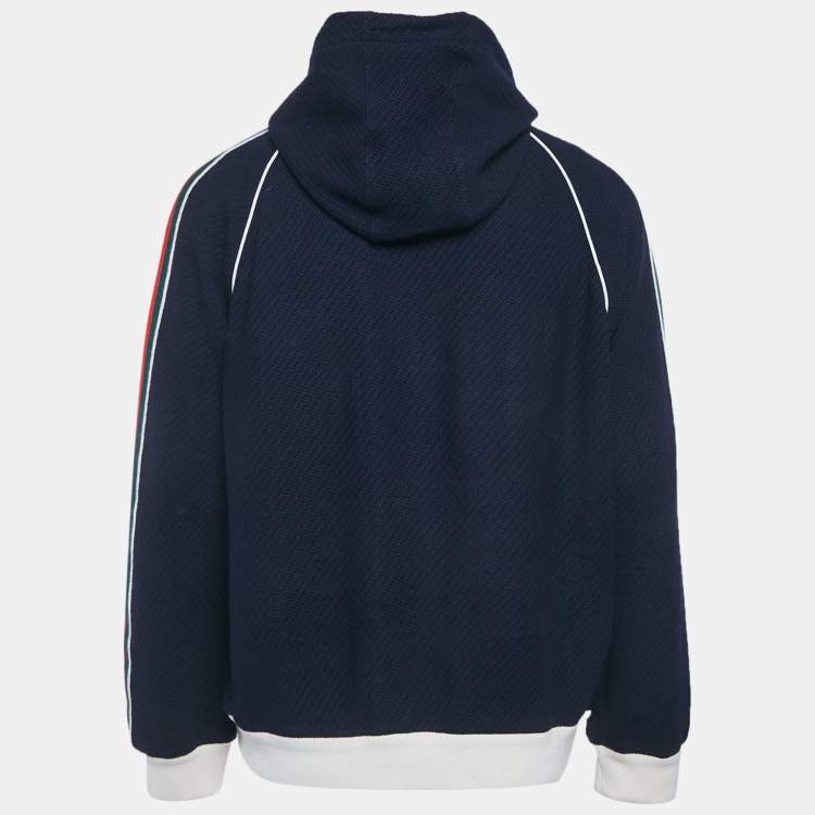 Pre Owned Gucci Blue Web Trim Textured Knit Hooded Jacket XL