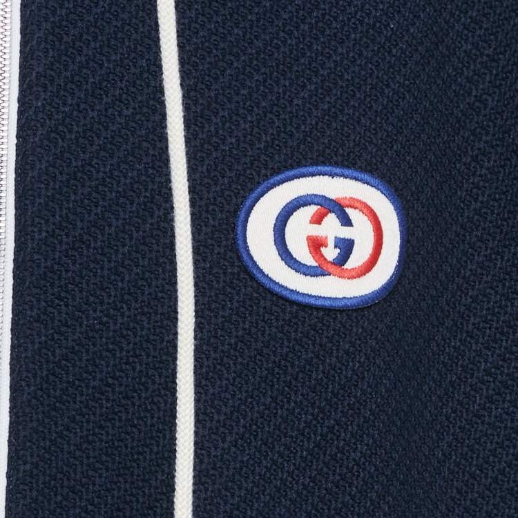 Pre Owned Gucci Blue Web Trim Textured Knit Hooded Jacket XL