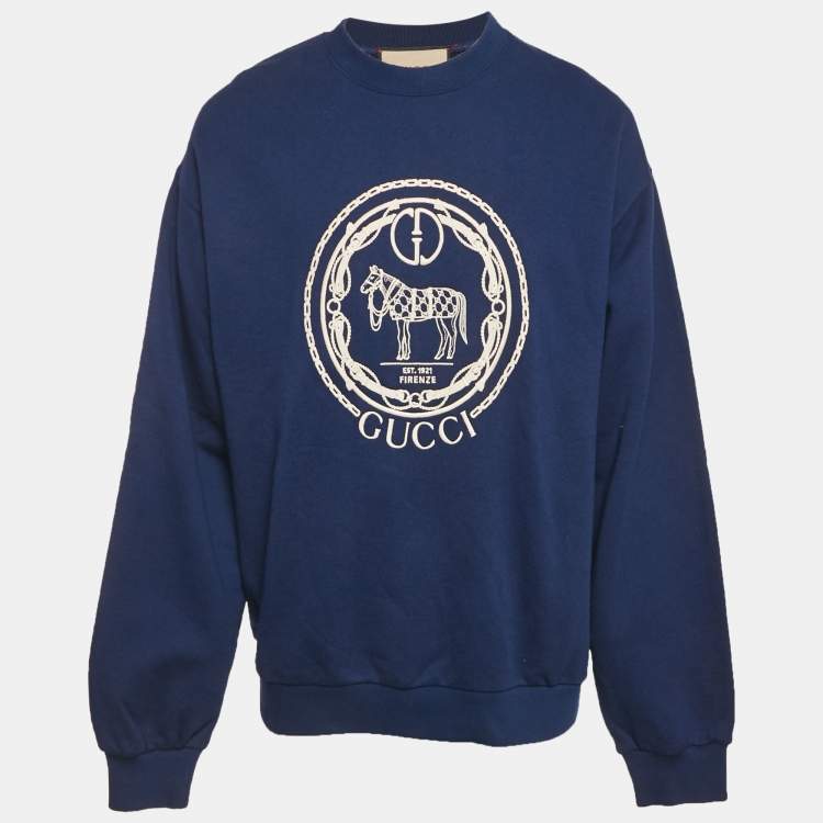 Pre Owned Gucci Blue Embroidered Cotton Crewneck Sweatshirt L