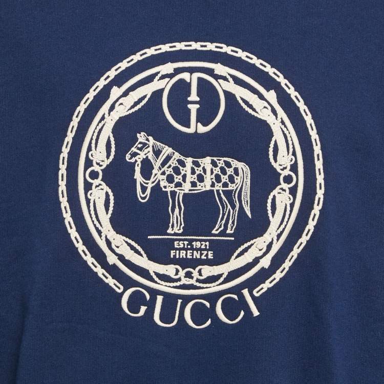 Pre Owned Gucci Blue Embroidered Cotton Crewneck Sweatshirt L