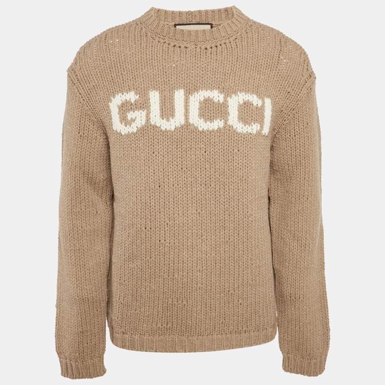 مملوكة مسبقًا Gucci Brown Logo Intarsia Rib Knit Sweater L