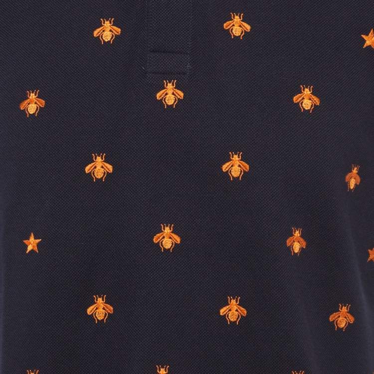 Pre Owned Gucci Blue Bee Embroidered Pique Polo T-Shirt L