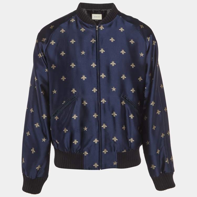 Pre Owned Gucci Blue Bee Jacquard Zip-Up Jacket L