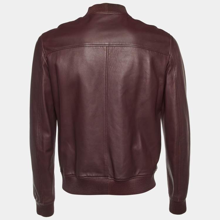 Pre Owned Gucci Burgundy Leather Zip Up Bomber Jacket M