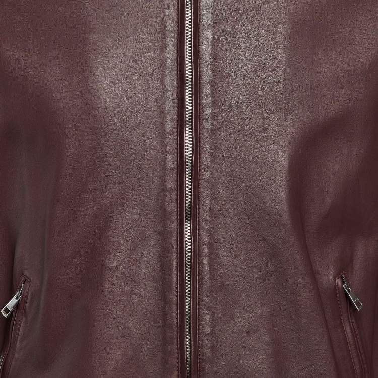 Pre Owned Gucci Burgundy Leather Zip Up Bomber Jacket M