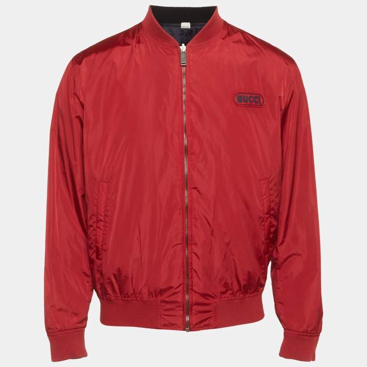 Pre Owned Gucci Blue/Red Monogram Nylon Reversible Bomber Jacket M