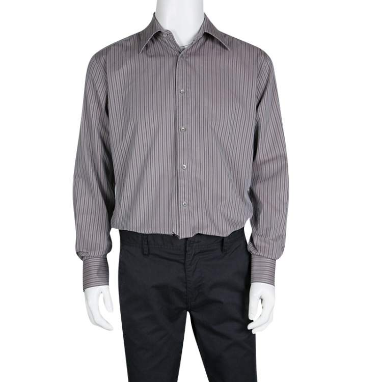 Pre Owned Gucci Grey Striped Cotton Long Sleeve Button Front Shirt XL