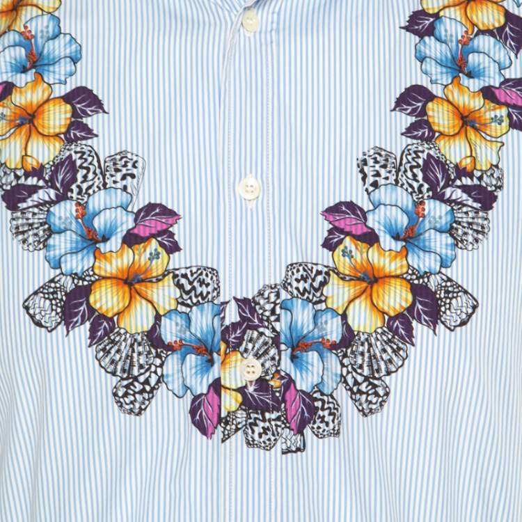 Pre Owned Gucci Blue and White Striped Floral Printed Long Sleeve Skinny Shirt L