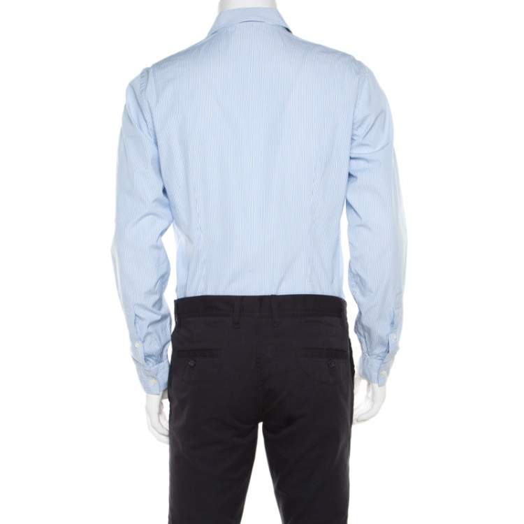 Pre Owned Gucci Blue and White Striped Floral Printed Long Sleeve Skinny Shirt L