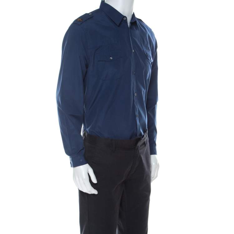 Pre Owned Gucci Dark Blue Cotton Epaulette Embroidery Detail Full Sleeve Shirt XL