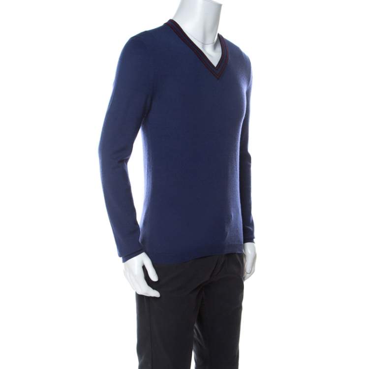 Pre Owned Gucci Blue Wool V-Neck Sweater M