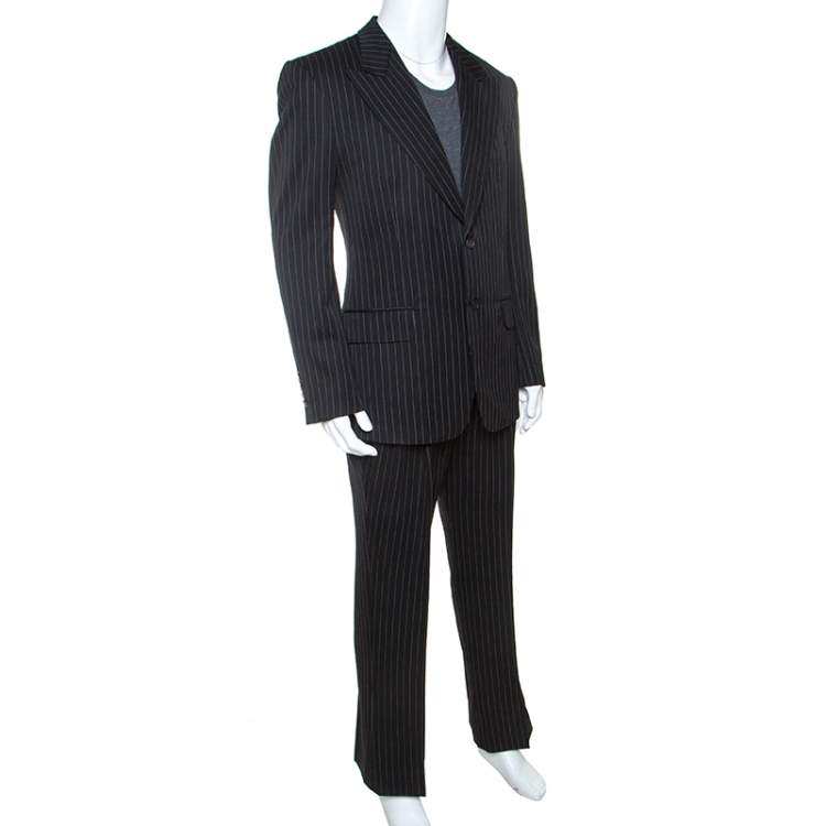 Pre Owned Gucci Black Pinstripe Wool and Mohair Blend Regular Fit Suit L 