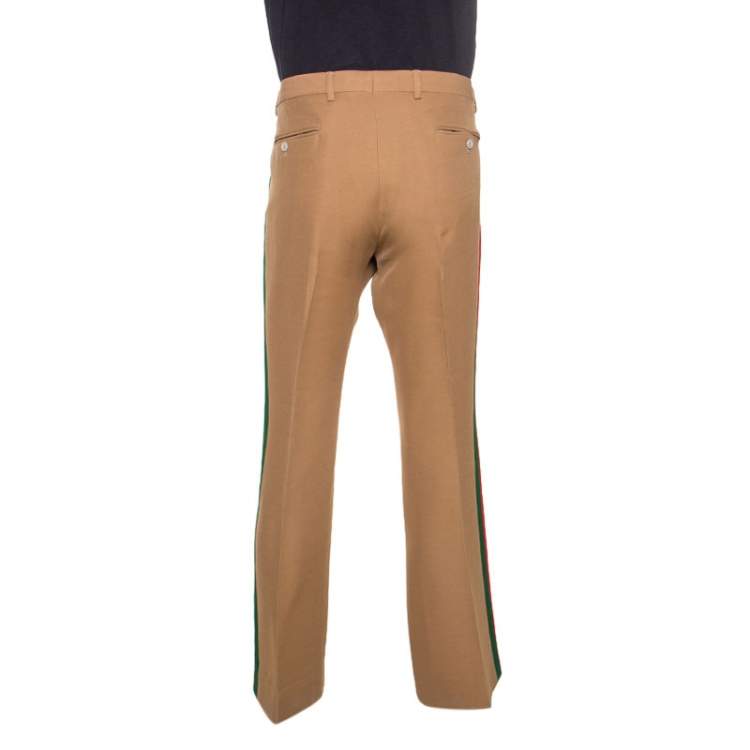 Pre Owned Gucci Camel Wool And Silk-Blend Web Striped Flared Trousers XXL