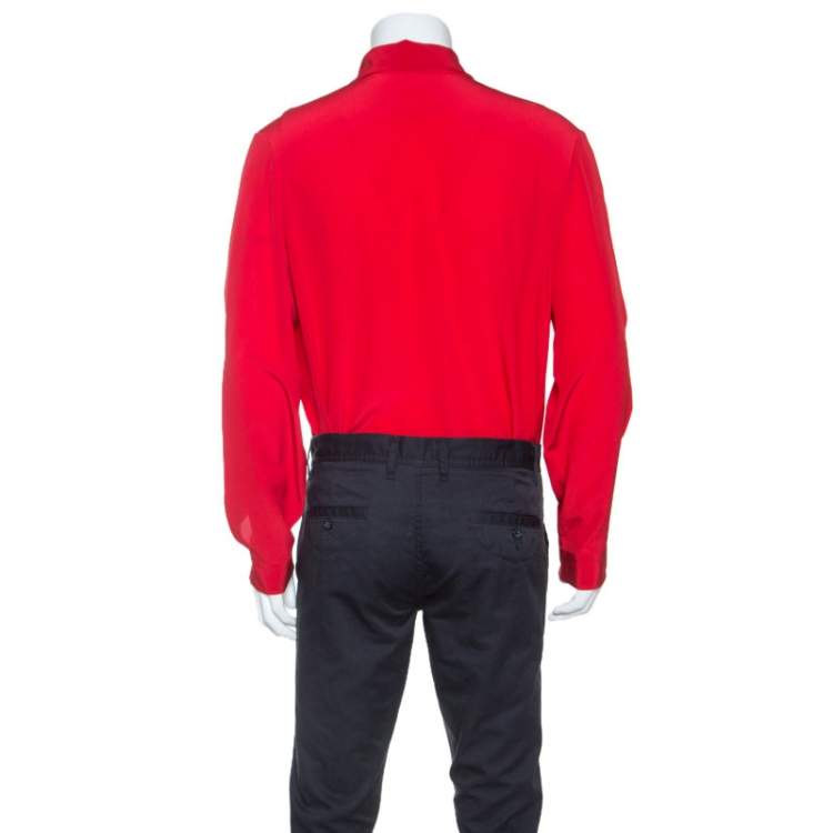 مملوكة مسبقًا Gucci Red Silk Tie Neck Detail Shirt XXL
