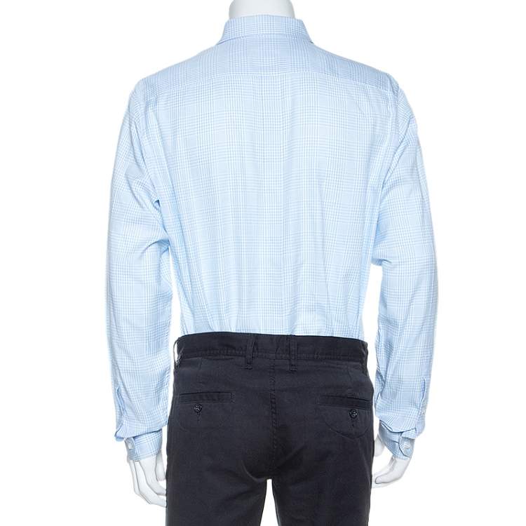 Pre Owned Gucci White And Blue Checked Cotton Button Front Slim Fit Shirt XL