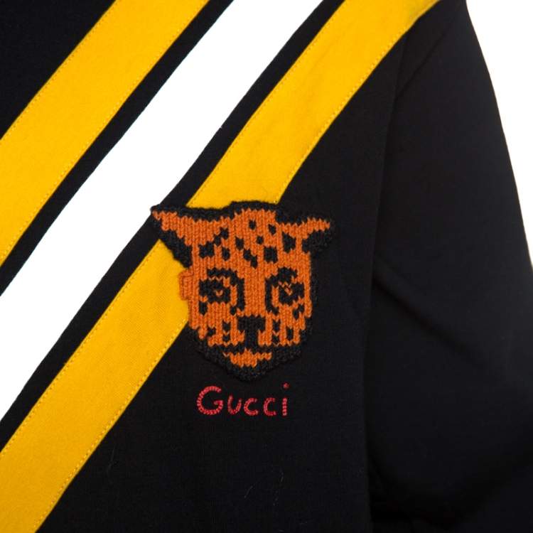 Pre Owned Gucci Black Chevron & Leopard Appliqued Cotton Polo T-Shirt M