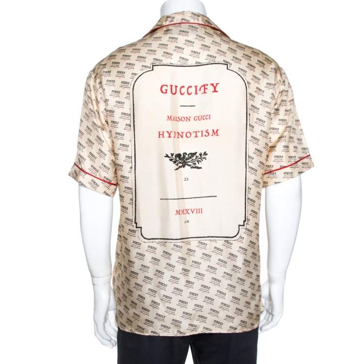 مملوكة مسبقًا Gucci Beige Invite Stamp Print Silk Satin Bowling Shirt XL