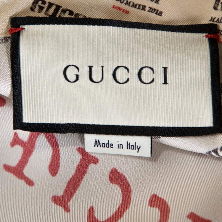 مملوكة مسبقًا Gucci Beige Invite Stamp Print Silk Satin Bowling Shirt XL
