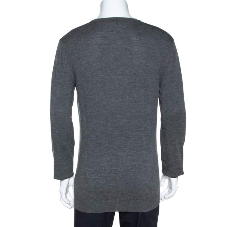 Pre Owned Gucci Grey Wool Shoulder Striped Detail V Neck Sweater XL