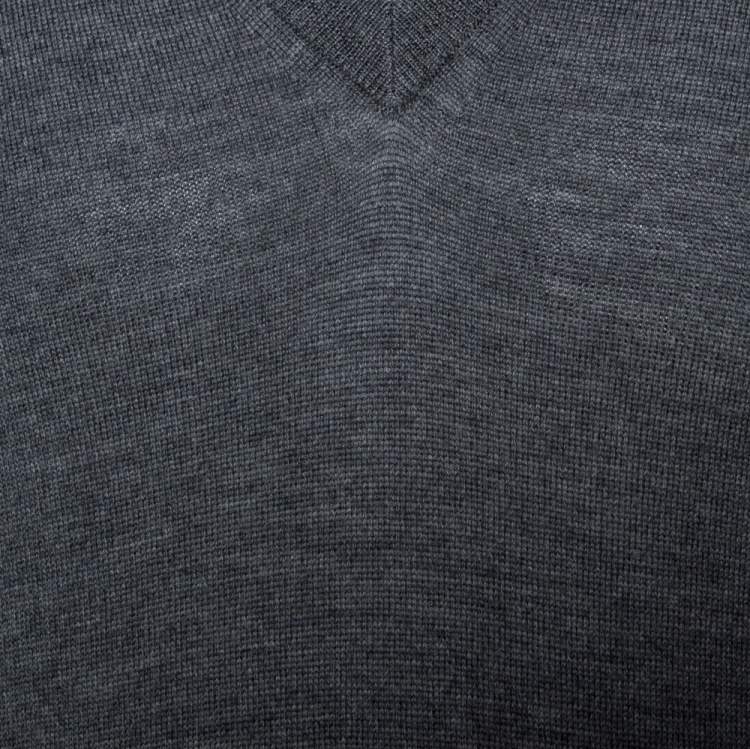 Pre Owned Gucci Grey Wool Shoulder Striped Detail V Neck Sweater XL