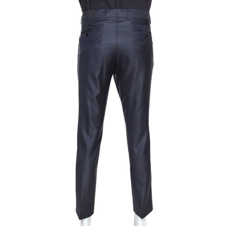 Pre Owned Gucci Navy Blue Textured Silk Wool Tailored Pants XL