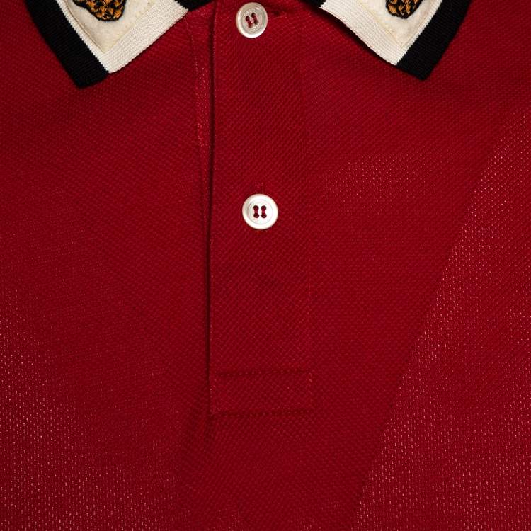 Pre Owned Gucci Red Cotton Pique Web & Feline Head Detail Polo T Shirt M
