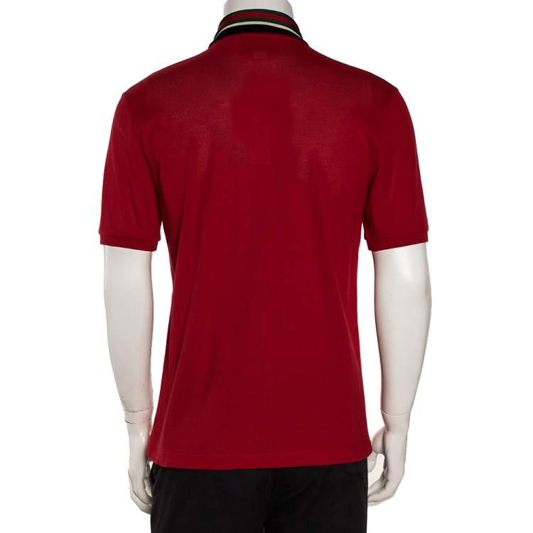 Pre Owned Gucci Red Cotton Pique Web & Feline Head Detail Polo T Shirt M