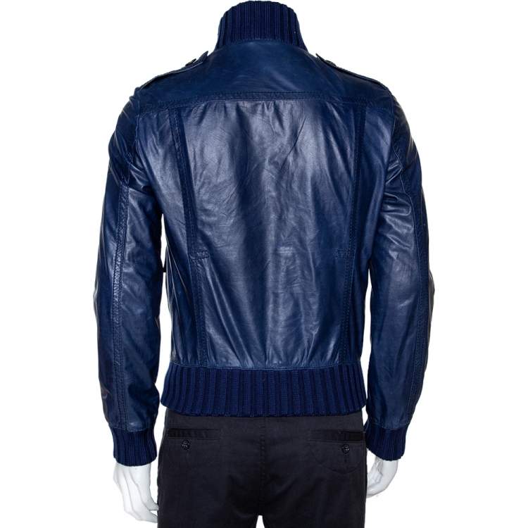Pre Owned Gucci Midnight Blue Leather Rib Knit Trim Madonna Bomber Jacket S