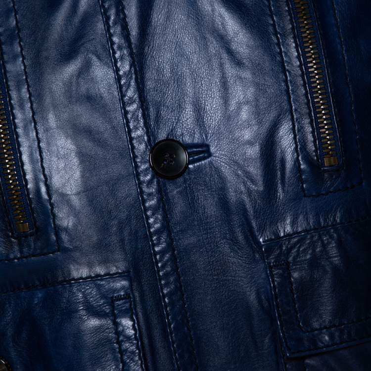 Pre Owned Gucci Midnight Blue Leather Rib Knit Trim Madonna Bomber Jacket S