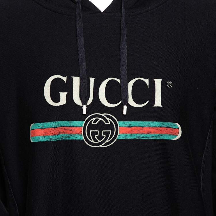 مملوكة مسبقًا Gucci Black Vintage Logo Print Cotton Hooded Sweatshirt M