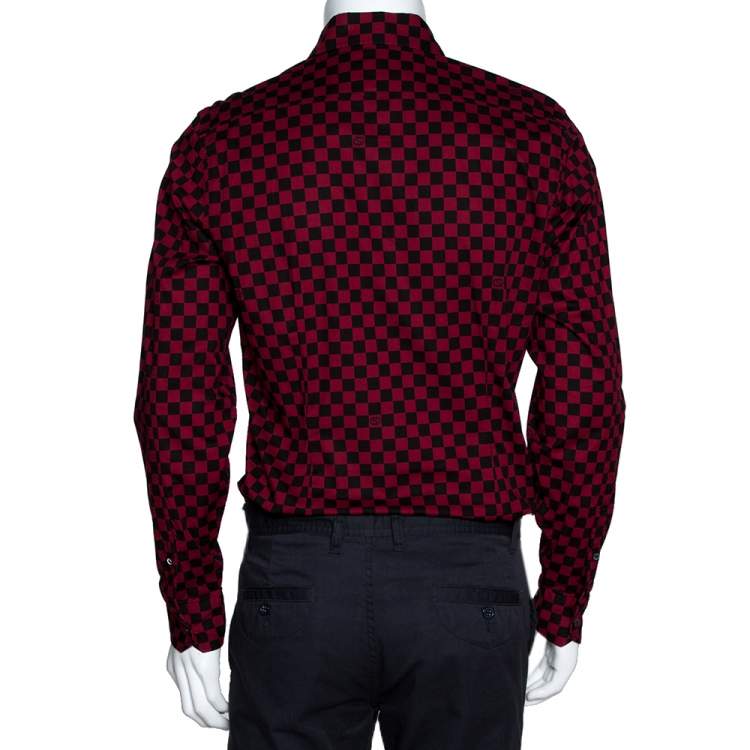 Pre Owned Gucci Red & Black Checkered Cotton Long Sleeve Slim Fit Shirt M 