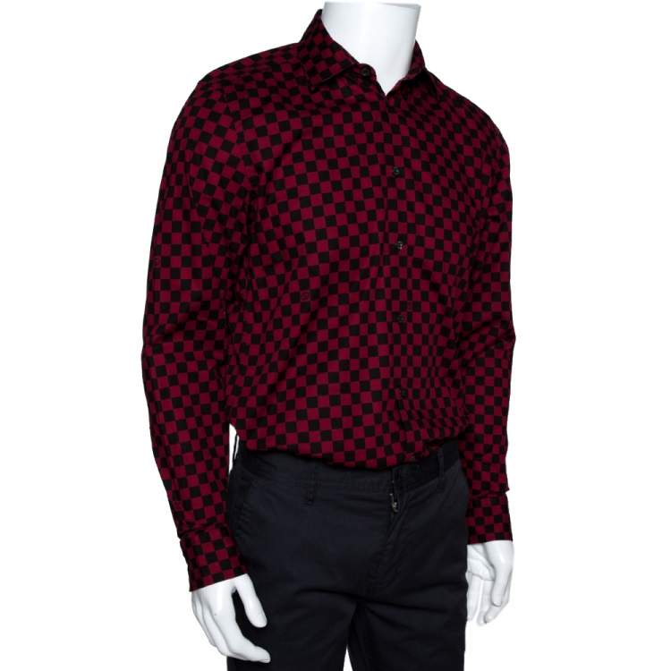 Pre Owned Gucci Red & Black Checkered Cotton Long Sleeve Slim Fit Shirt M 