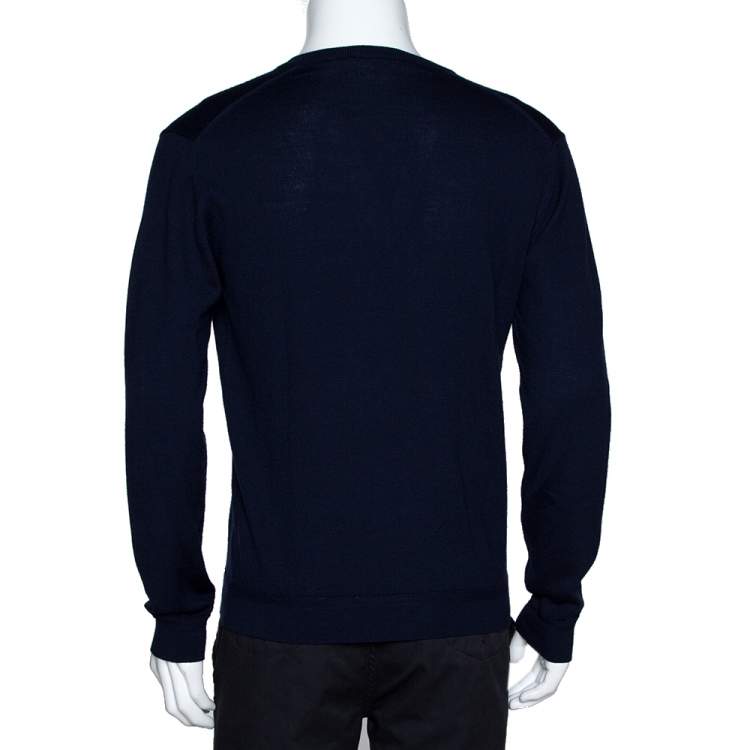Pre Owned Gucci Navy Blue Wool Hysteria Crest V-Neck Sweater M