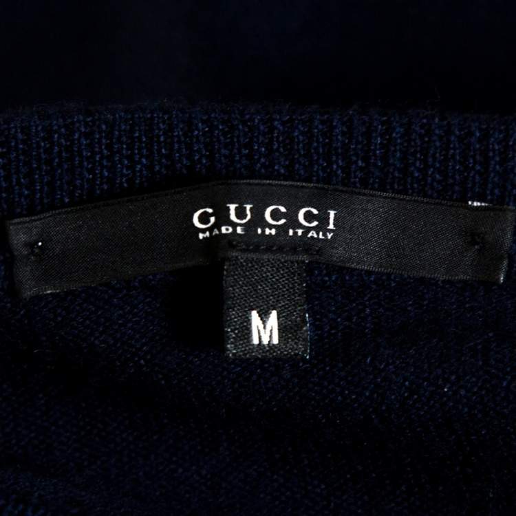 Pre Owned Gucci Navy Blue Wool Hysteria Crest V-Neck Sweater M