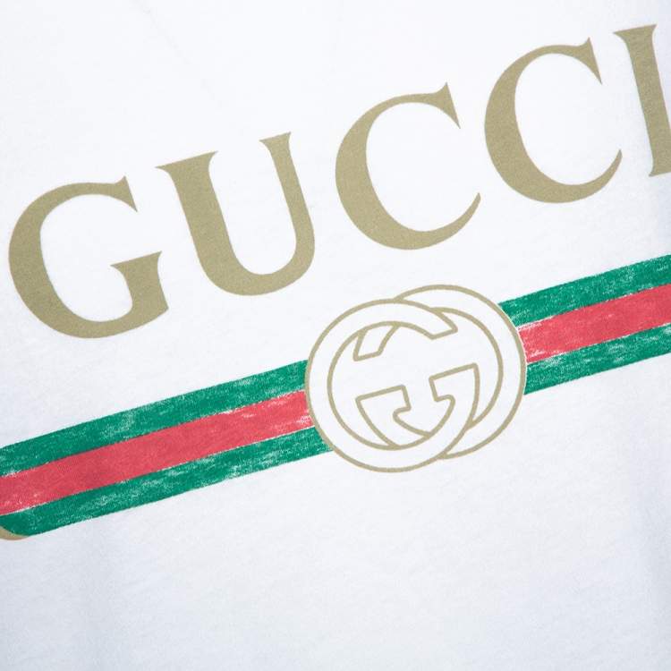 Pre Owned Gucci White Cotton Washed Out Logo Print T Shirt M